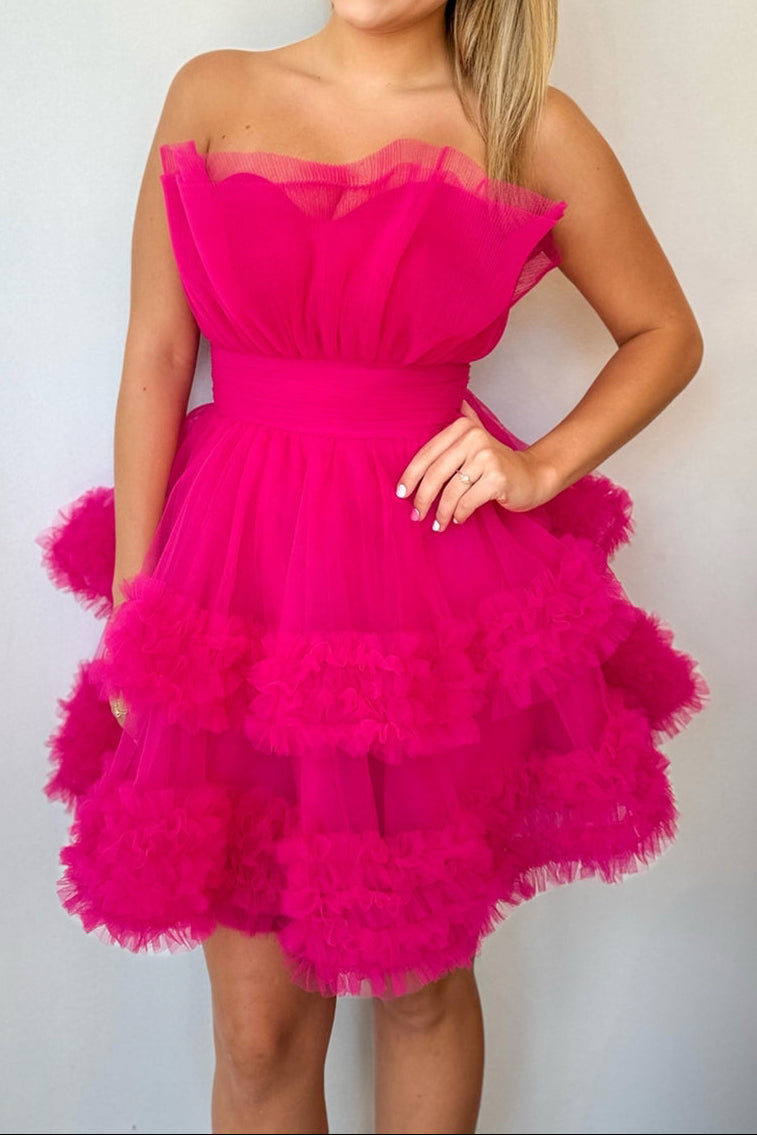 Strapless Ruffled Tiered Tulle A-Line Mini Dress