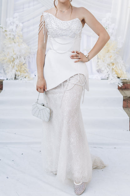 One-Shoulder Asymmetrical Pearl Mermaid Wedding Dress