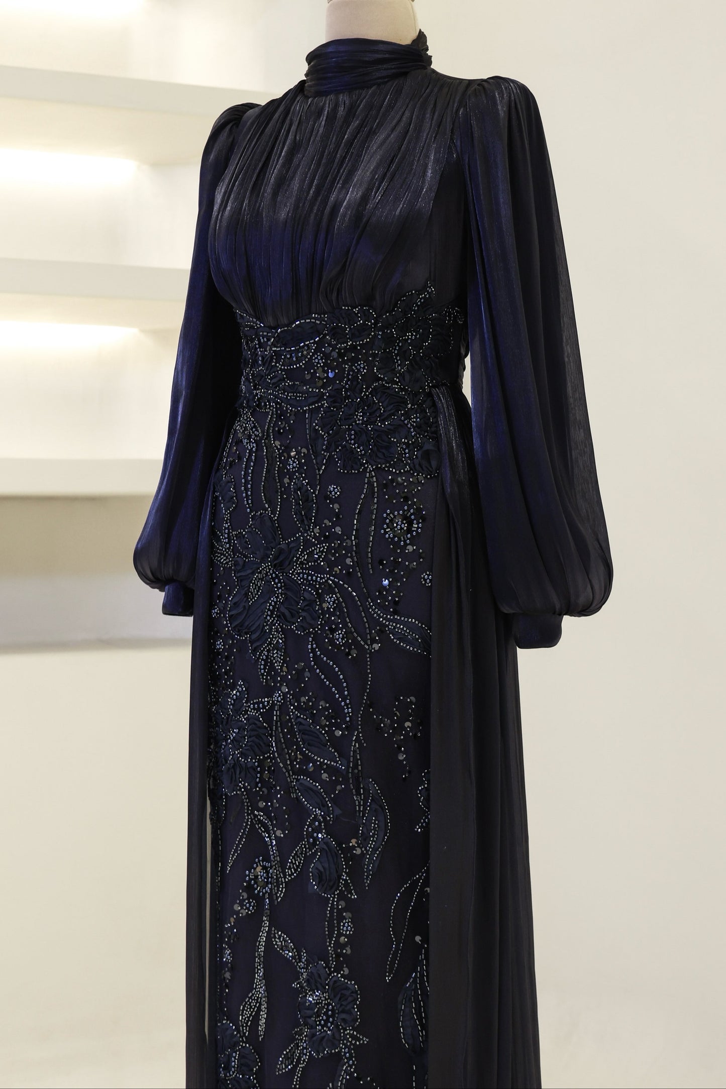 Long-Sleeve High-Neck Evening Gown with Floral Beaded Skirt