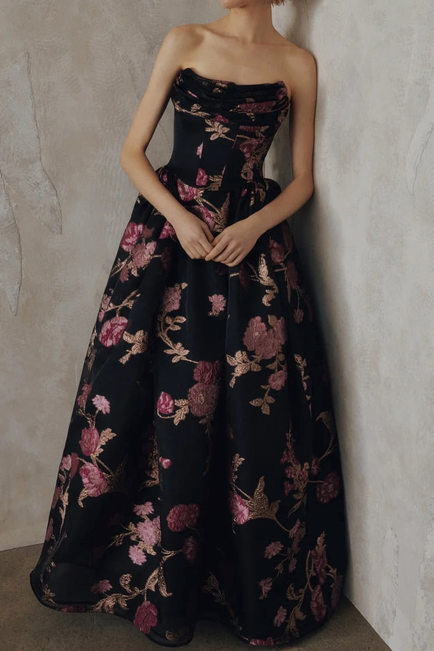 Strapless Floral Jacquard Ball Gown with Pockets