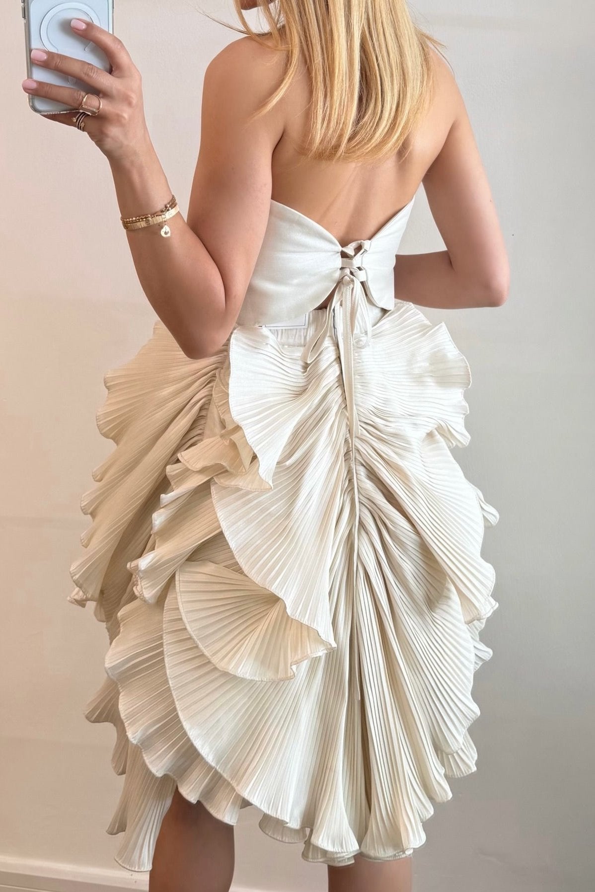 Strapless Pleated Ruffle Mini Dress with Lace-Up Back
