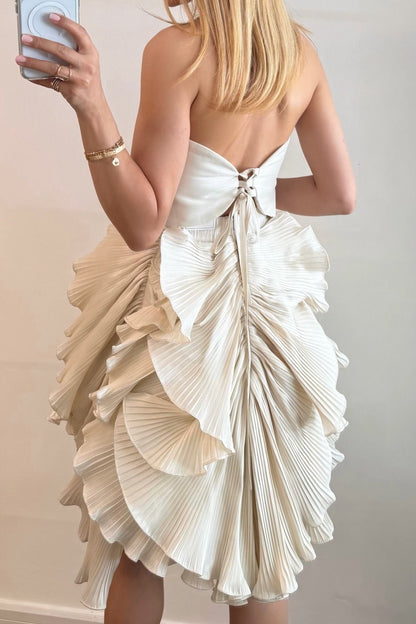 Strapless Pleated Ruffle Mini Dress with Lace-Up Back