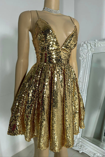 Sequin V-Neck A-Line Dress with Lace-Up Back