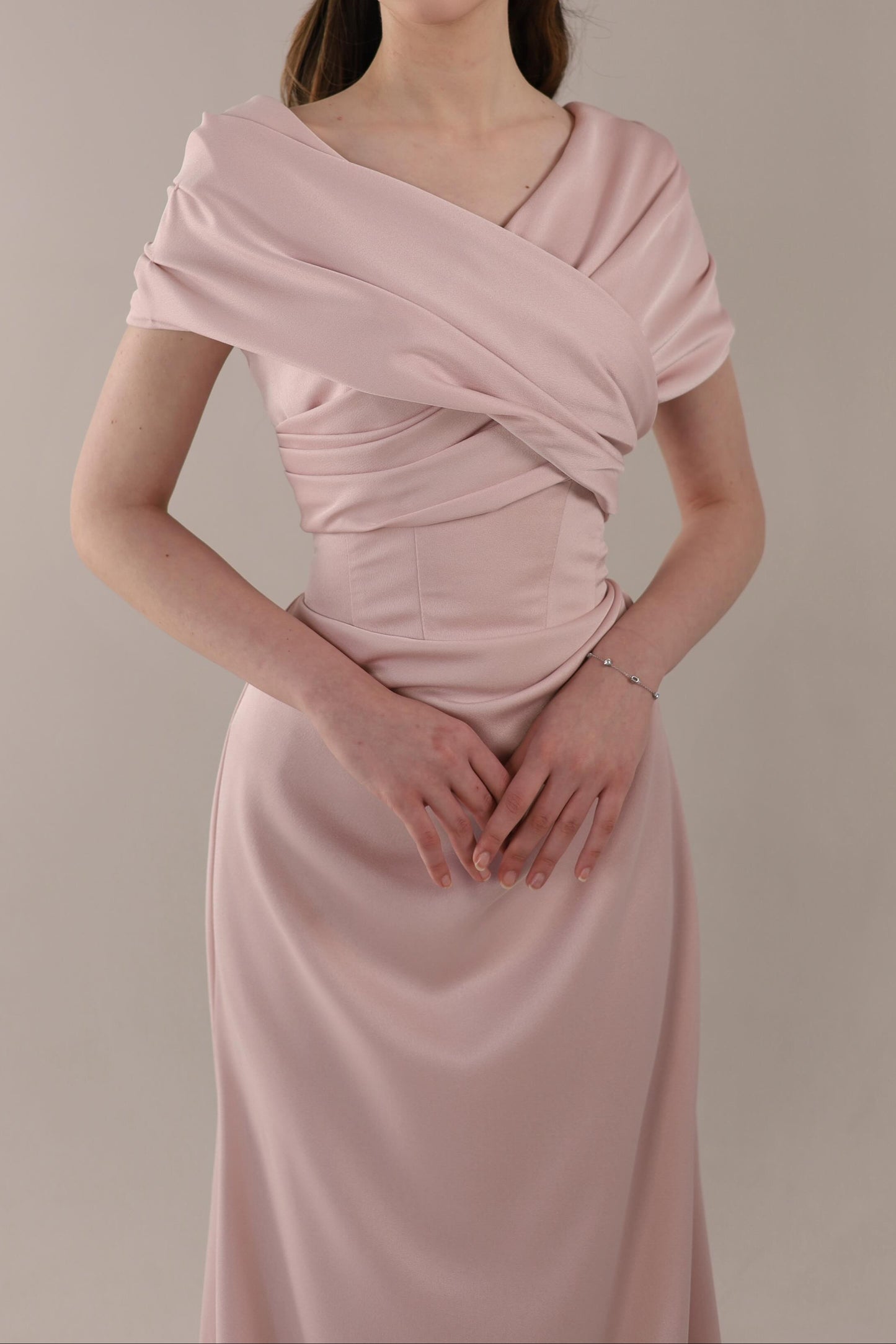 Off-the-Shoulder Satin Gown with Lace-Up Back