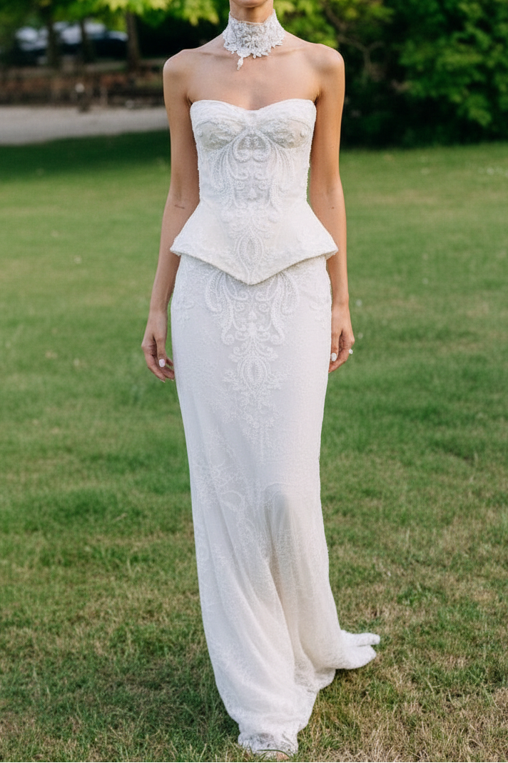 Strapless Corset Lace Column Wedding Gown