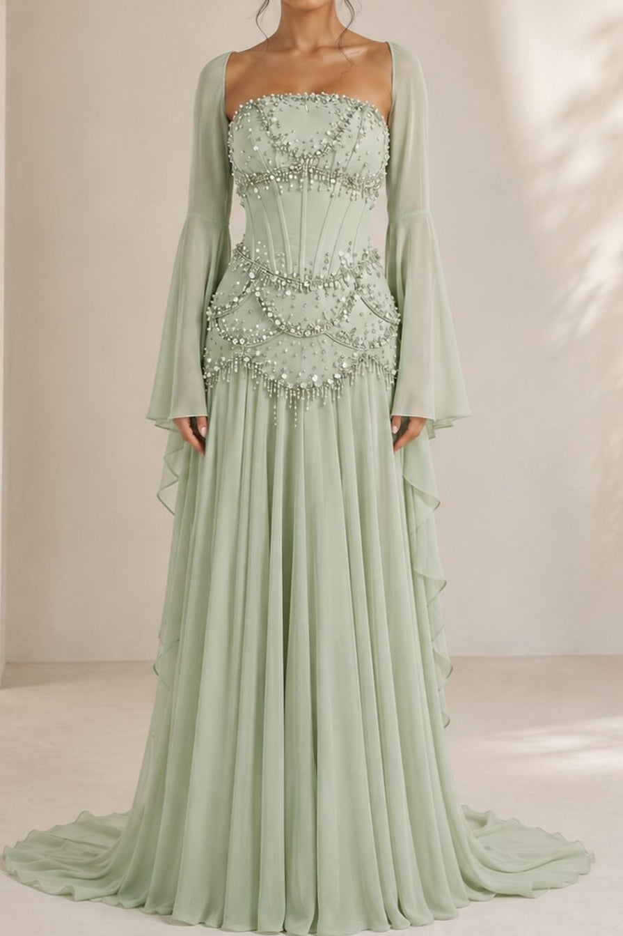 Beaded Corset Pleated Chiffon Gown with Bell Sleeves