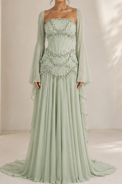 Beaded Corset Pleated Chiffon Gown with Bell Sleeves