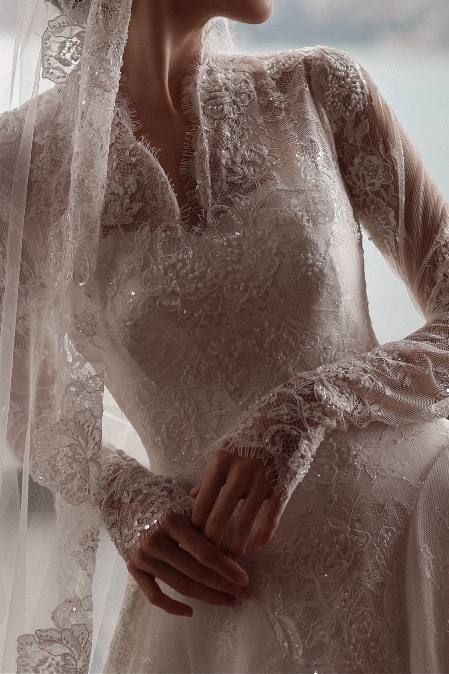 A-Line Lace Wedding Dress with Long Sleeves and Train