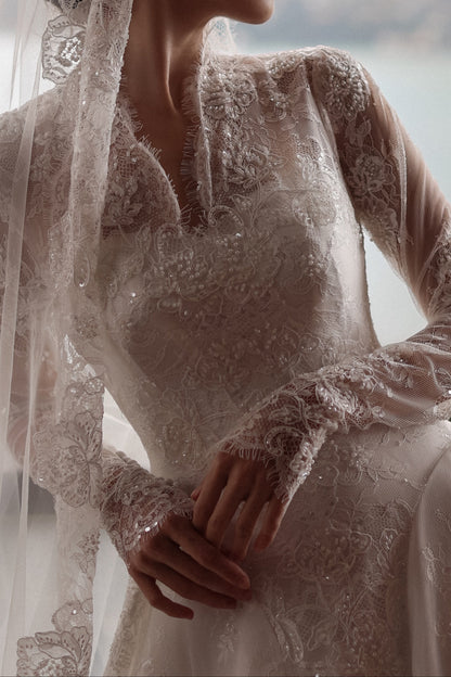 A-Line Lace Wedding Dress with Long Sleeves and Train