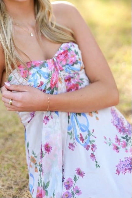 Strapless Floral Print Mini Dress with Front Drape