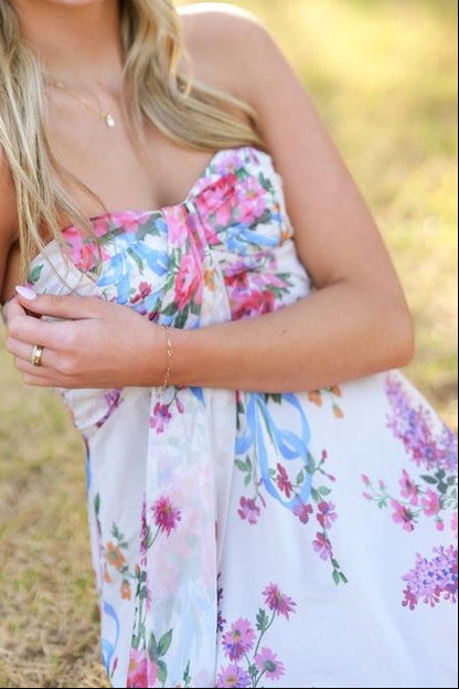 Strapless Floral Print Mini Dress with Front Drape