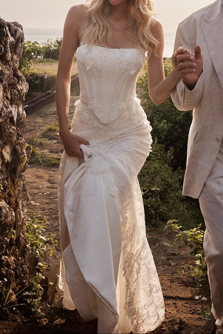 Strapless Corset Fit and Flare Lace Wedding Dress