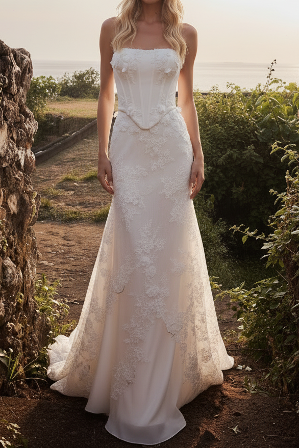 Strapless Corset Fit and Flare Lace Wedding Dress