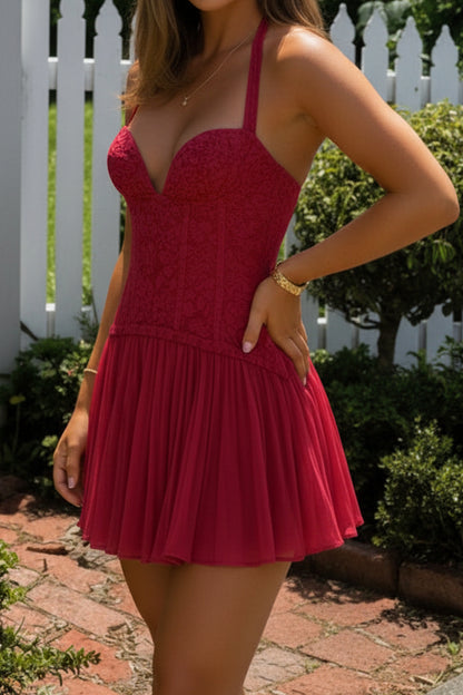 Halter Corset Mini Dress with Pleated Skirt