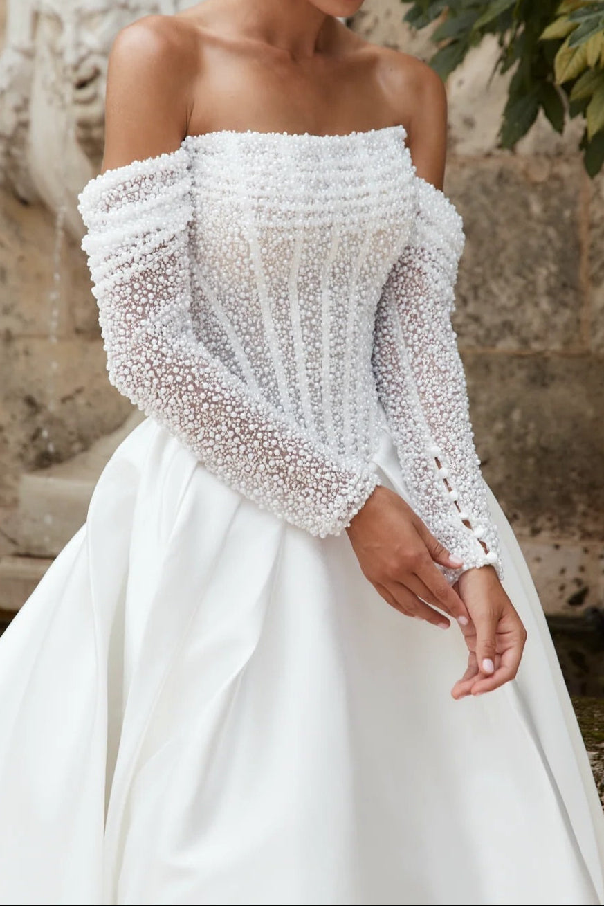 Off-the-Shoulder Pearl Corset Ball Gown Wedding Dress