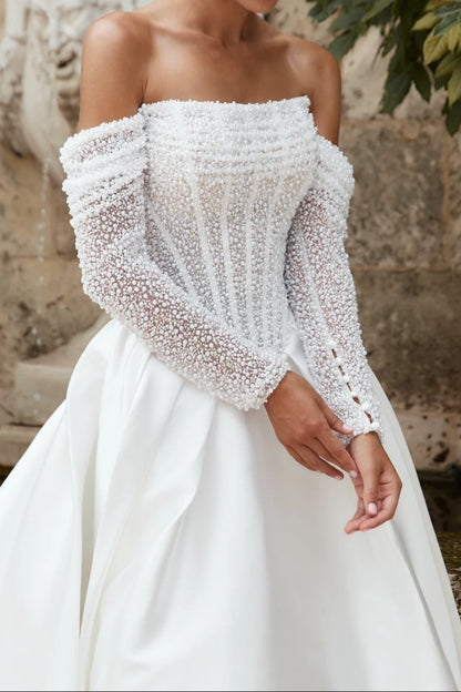 Off-the-Shoulder Pearl Corset Ball Gown Wedding Dress