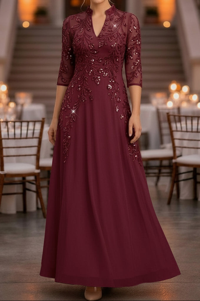 Sequin Illusion Sleeve A-Line Formal Evening Dress