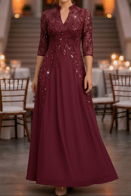 Sequin Illusion Sleeve A-Line Formal Evening Dress