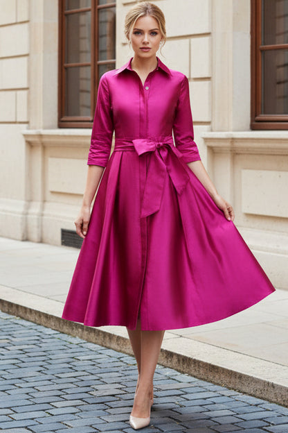Elegant Pleated A-Line Midi Shirt Dress