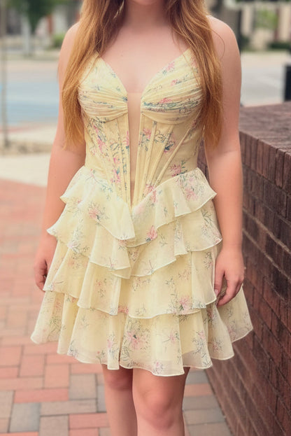 Floral Print Corset Mini Dress with Tiered Ruffle Skirt