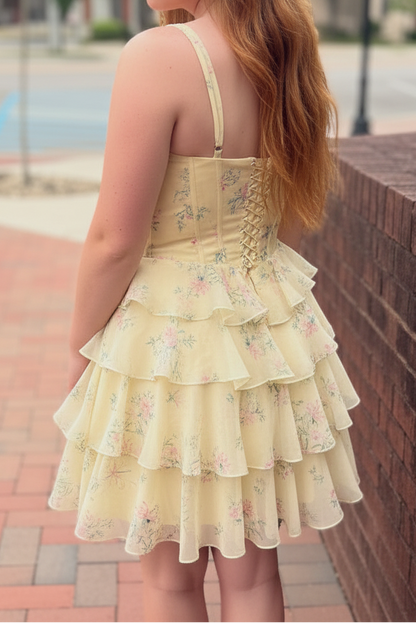 Floral Print Corset Mini Dress with Tiered Ruffle Skirt