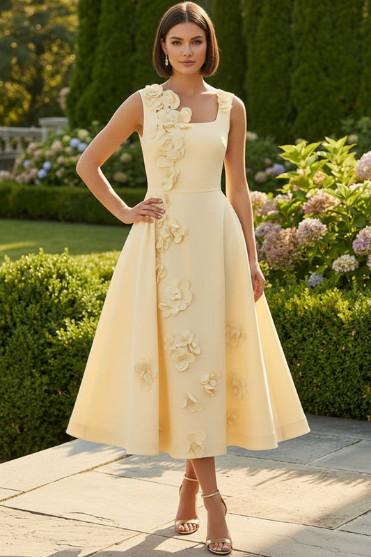 Floral Appliqué Square Neck Midi Dress
