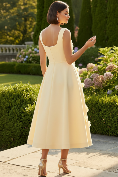 Floral Appliqué Square Neck Midi Dress