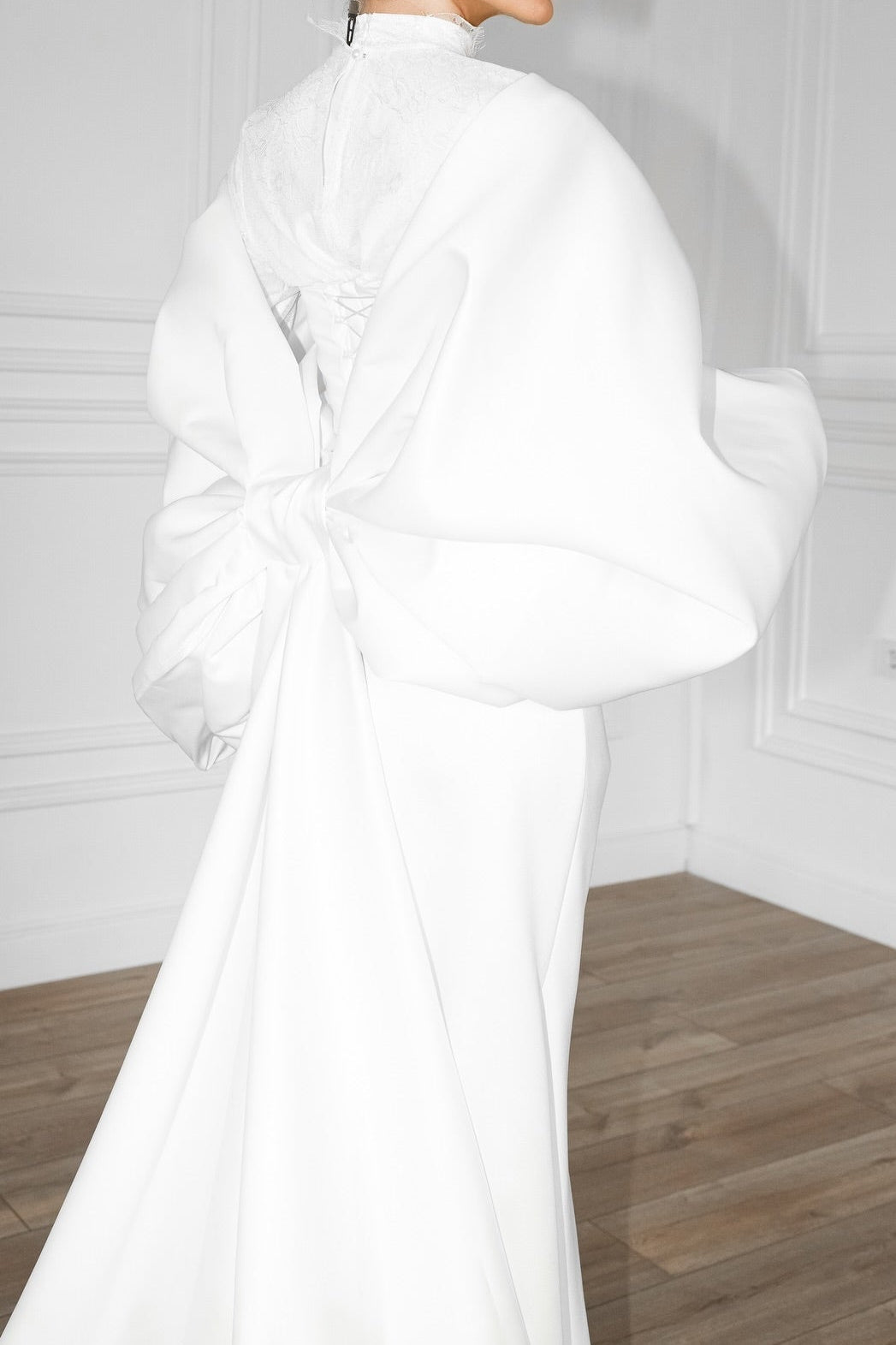 High Neck Satin Wedding Dress with Dramatic Bow