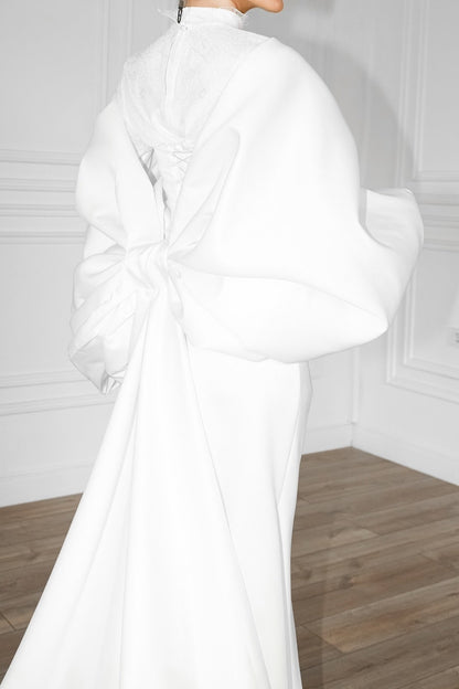 High Neck Satin Wedding Dress with Dramatic Bow