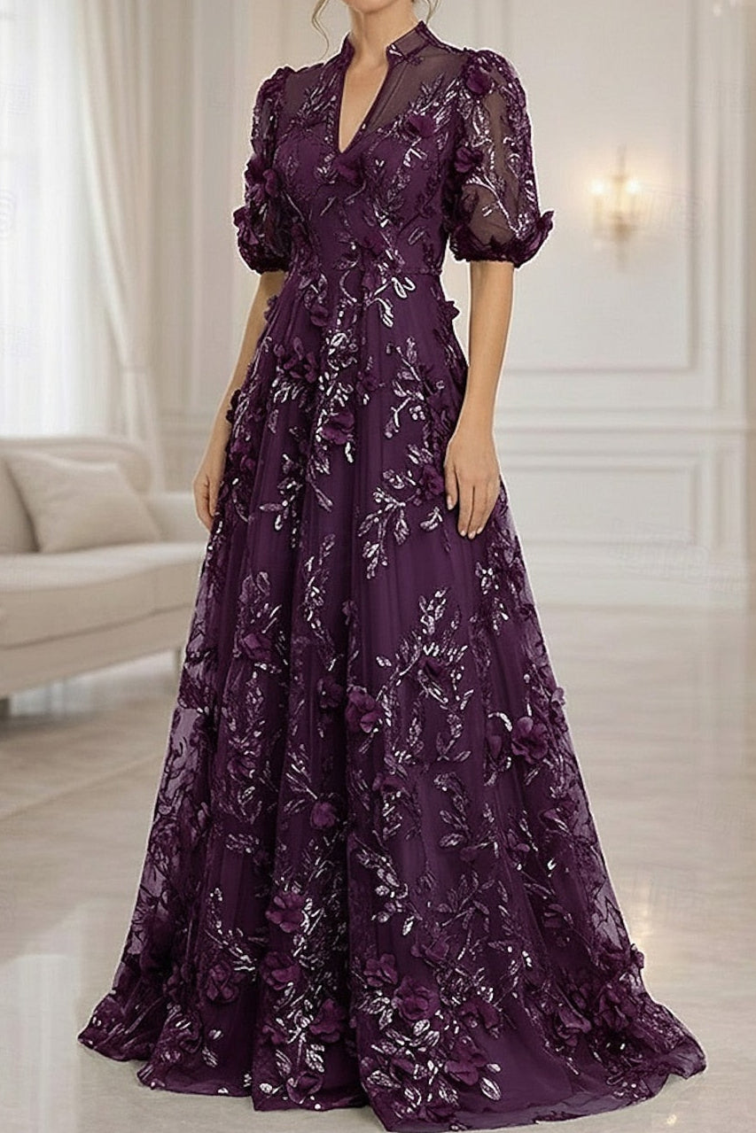 3D Floral Applique A-Line Gown with Puff Sleeves