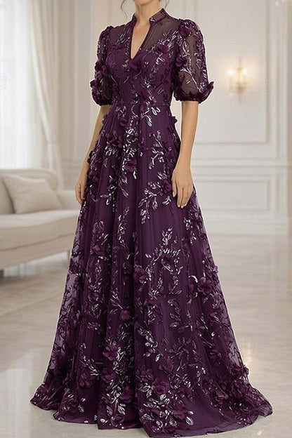 3D Floral Applique A-Line Gown with Puff Sleeves