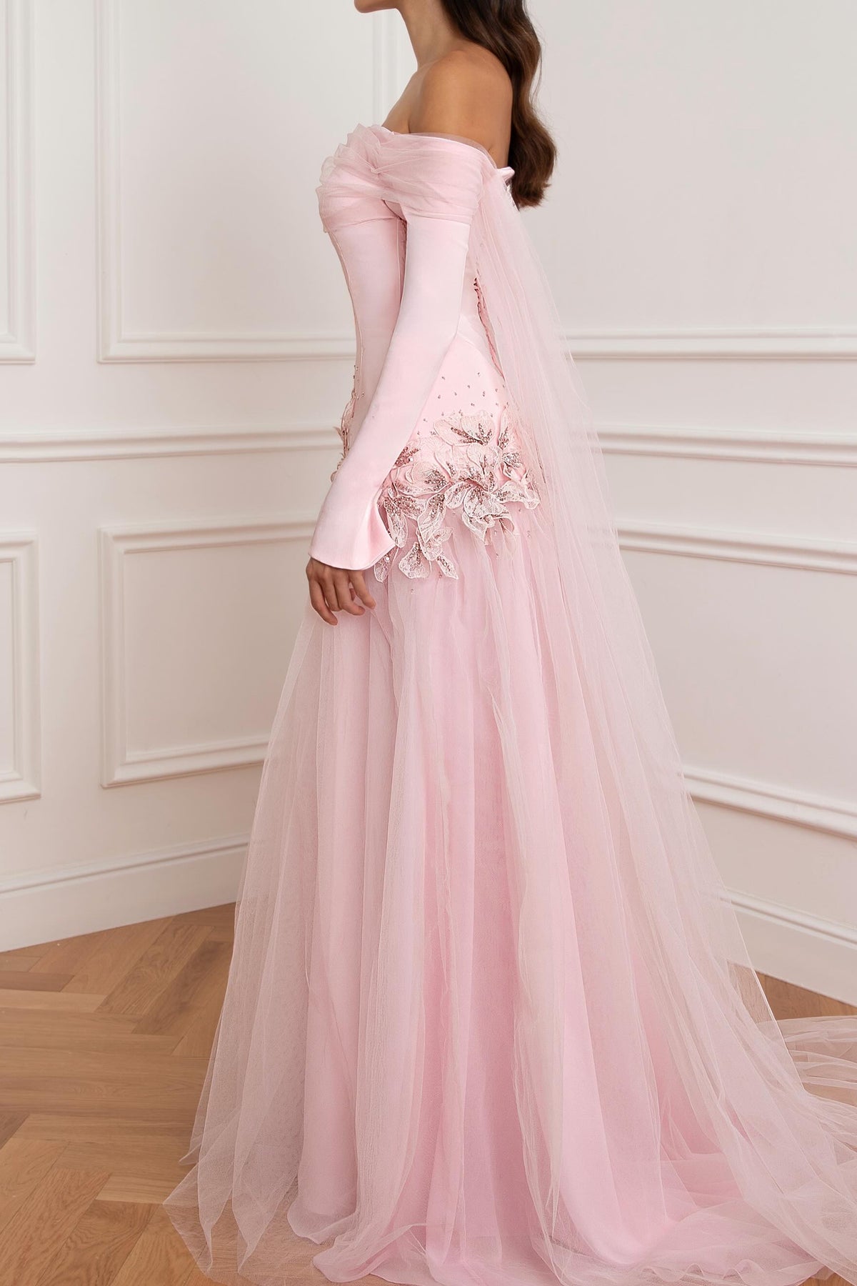 Off-the-Shoulder Tulle Gown with Floral Appliques