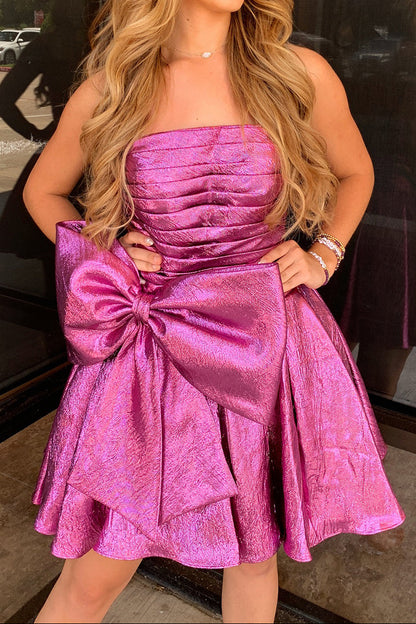 Strapless Ruched Metallic Mini Dress with Oversized Bow