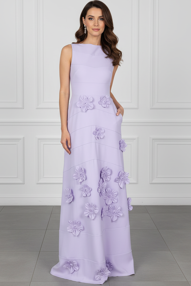 3D Floral Applique Sleeveless A-Line Gown