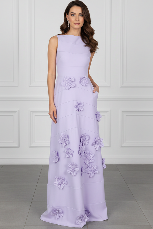 3D Floral Applique Sleeveless A-Line Gown