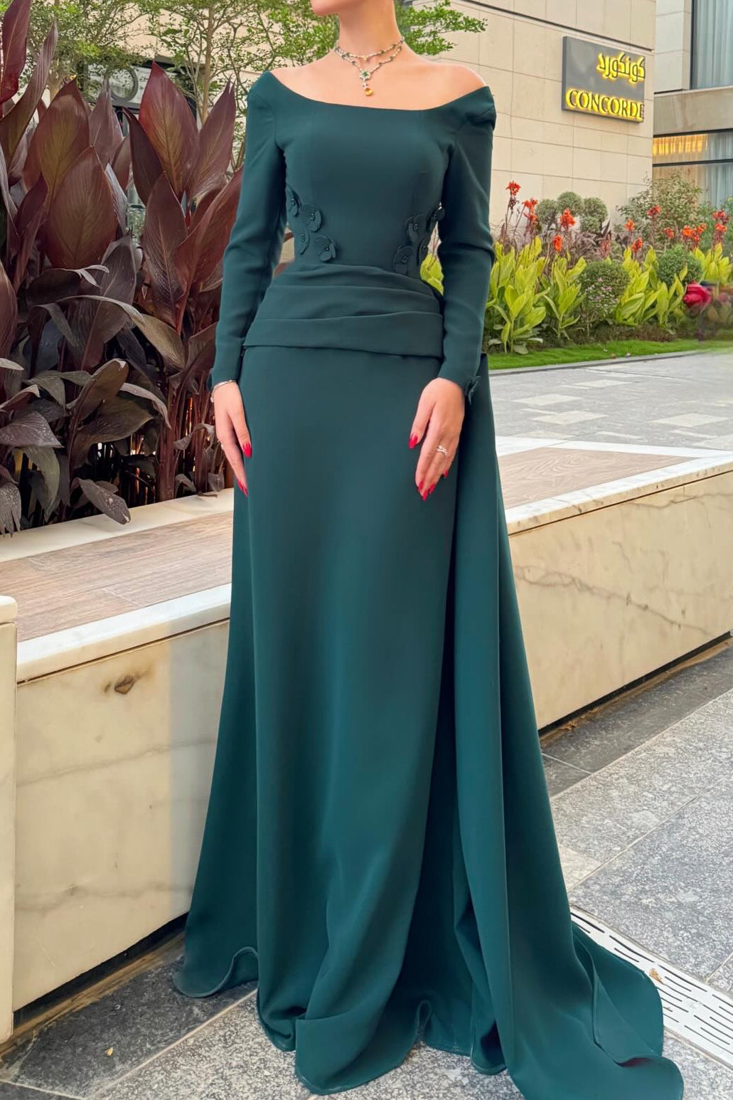 Long Sleeve Crepe Evening Gown with 3D Flowers
