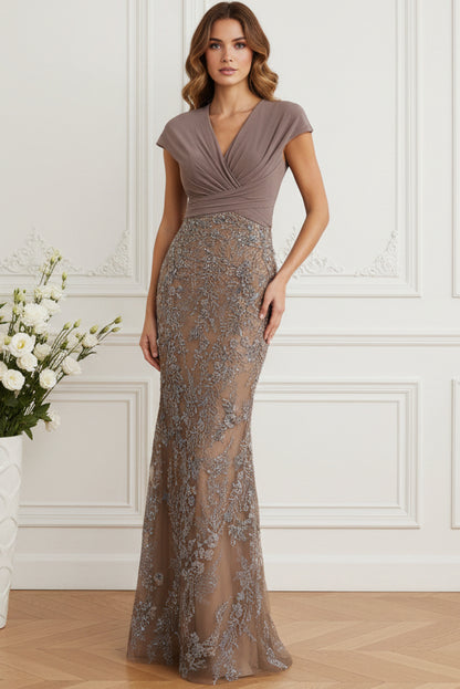 Ruched V-Neck Embroidered Trumpet Gown