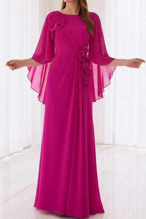 Chiffon Cape Sleeve Evening Dress with 3D Flowers