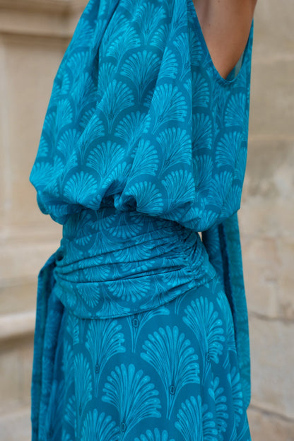 Halter Maxi Dress with Fan Print and Tied Waist