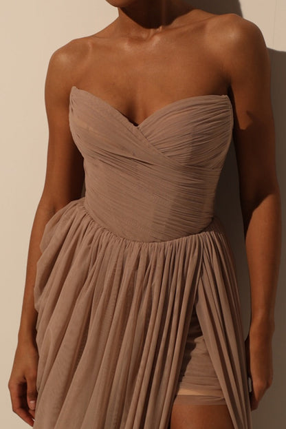 Strapless Ruched Mesh Maxi Dress with High Slit