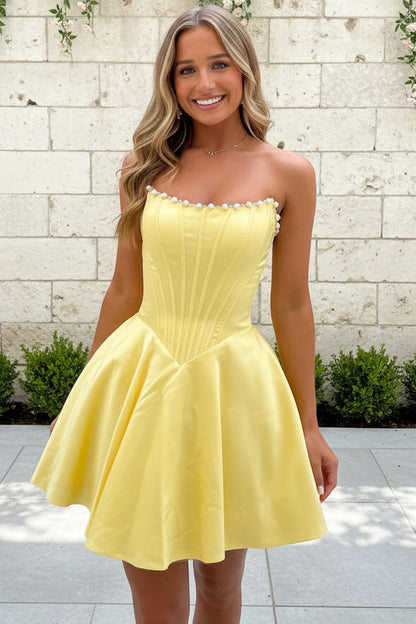 Strapless Corset Satin Mini Dress with Pearl Trim