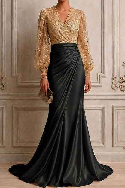 Sequin Bishop Sleeve Ruched Satin Evening Gown