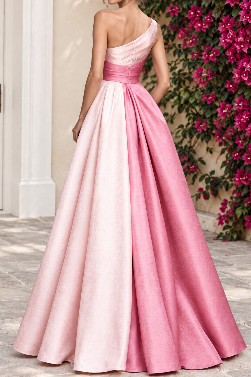 One-Shoulder Pleated Ombre Satin A-Line Gown