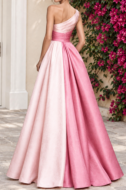 One-Shoulder Pleated Ombre Satin A-Line Gown