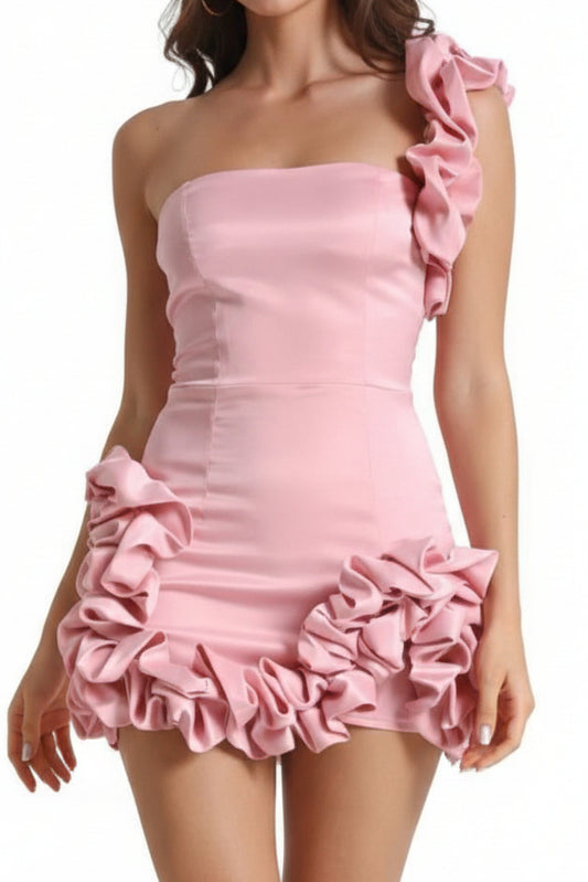 One-Shoulder Ruffle Satin Mini Dress