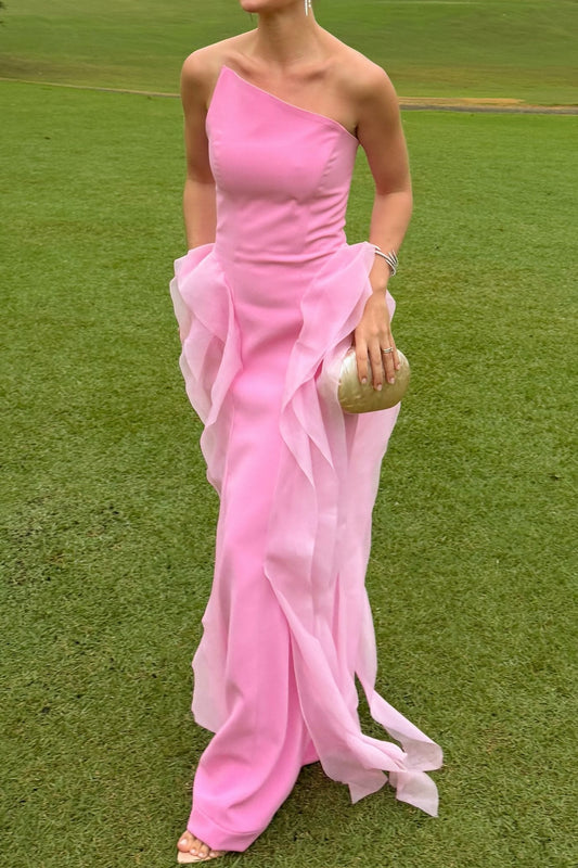 Asymmetrical Neckline Gown with Side Ruffles