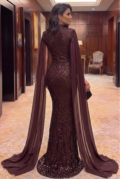 Sequin Cape Mermaid Evening Gown with Cut-Out