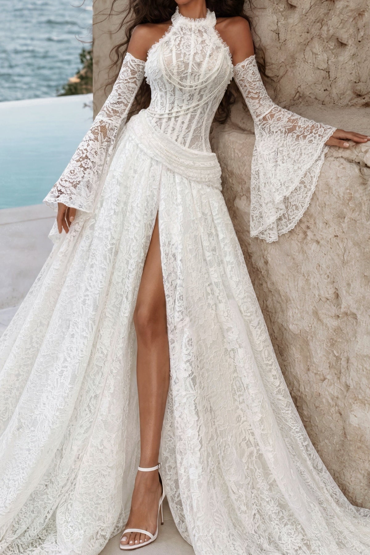 Lace Halter Wedding Dress with Slit and Sleeves