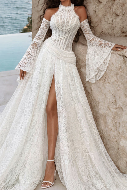 Lace Halter Wedding Dress with Slit and Sleeves