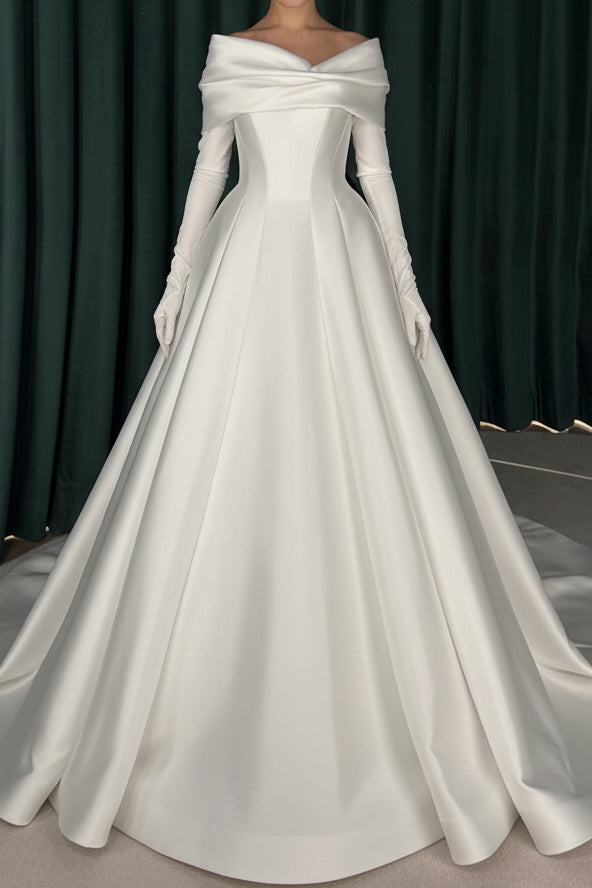 Off-Shoulder Long Sleeve Satin Wedding Ball Gown